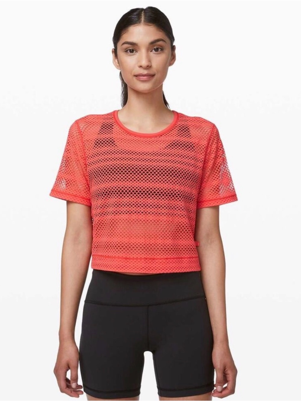 73. lululemon Sweat your heart out Coral Mesh Short-Sleeve Crop Top